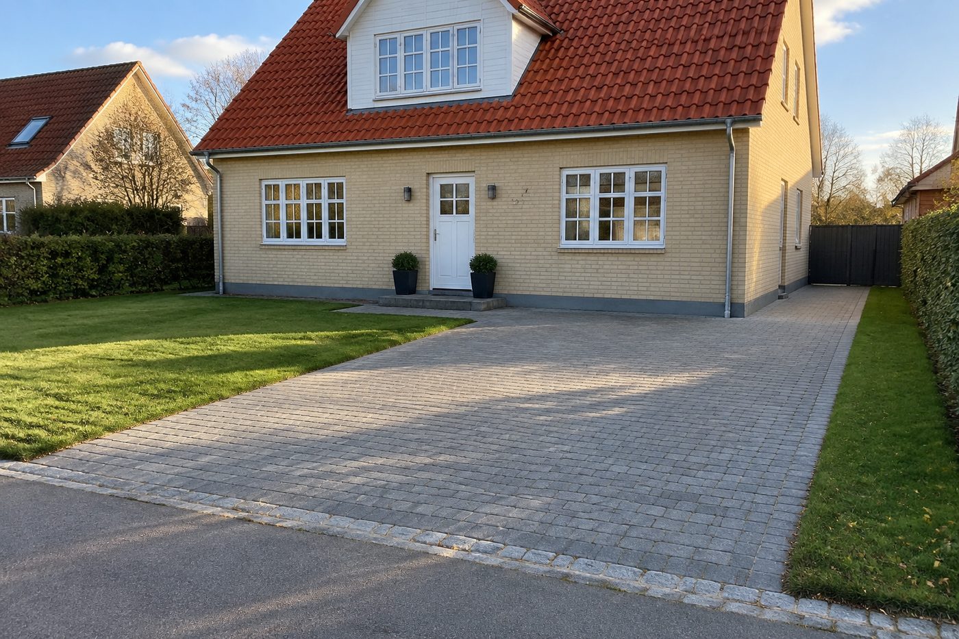 Brolagt indkørsel med grå belægningssten foran dansk villa med rødt tegltag og hvide vinduer